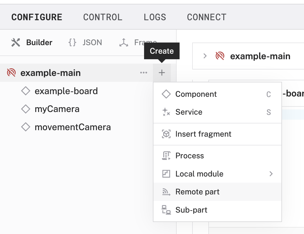 The create menu with options including remote part shown.
